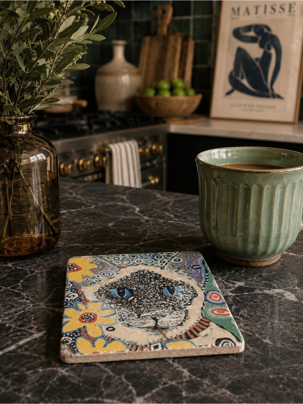 Siamese Cat Art Coaster Flowers Coffee Tea Feline Drinks Stone Home Decor Feline
